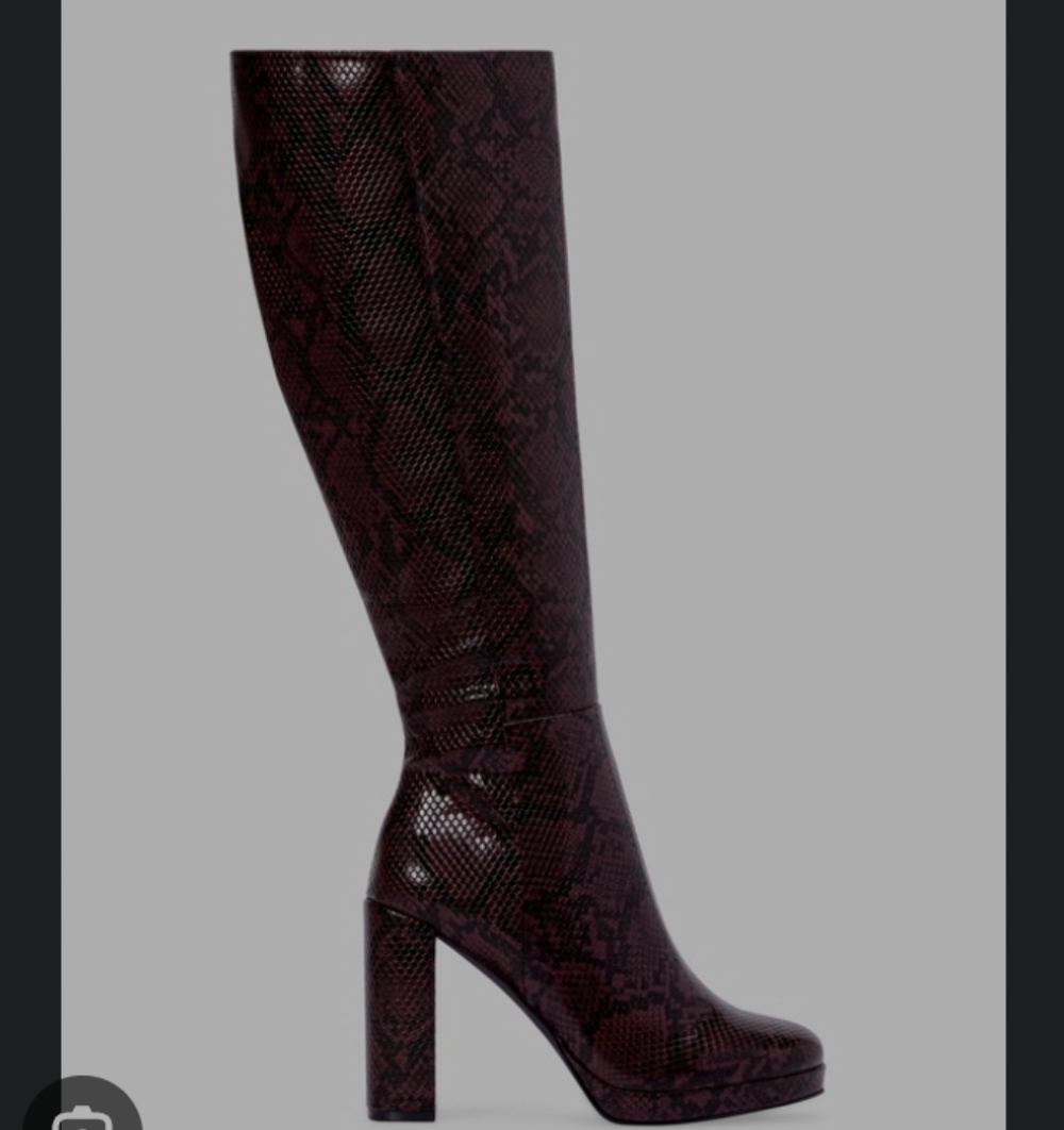 JUST FAB NWT DARK BURGUNDY SNAKE PRINT KNEE HIGH PLATFORM Boots SIZE 8